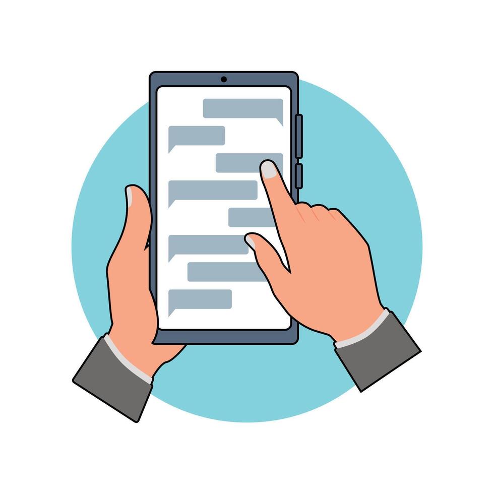 Illustration of Hands Using a Smartphone for Messaging on a Blue Background vector