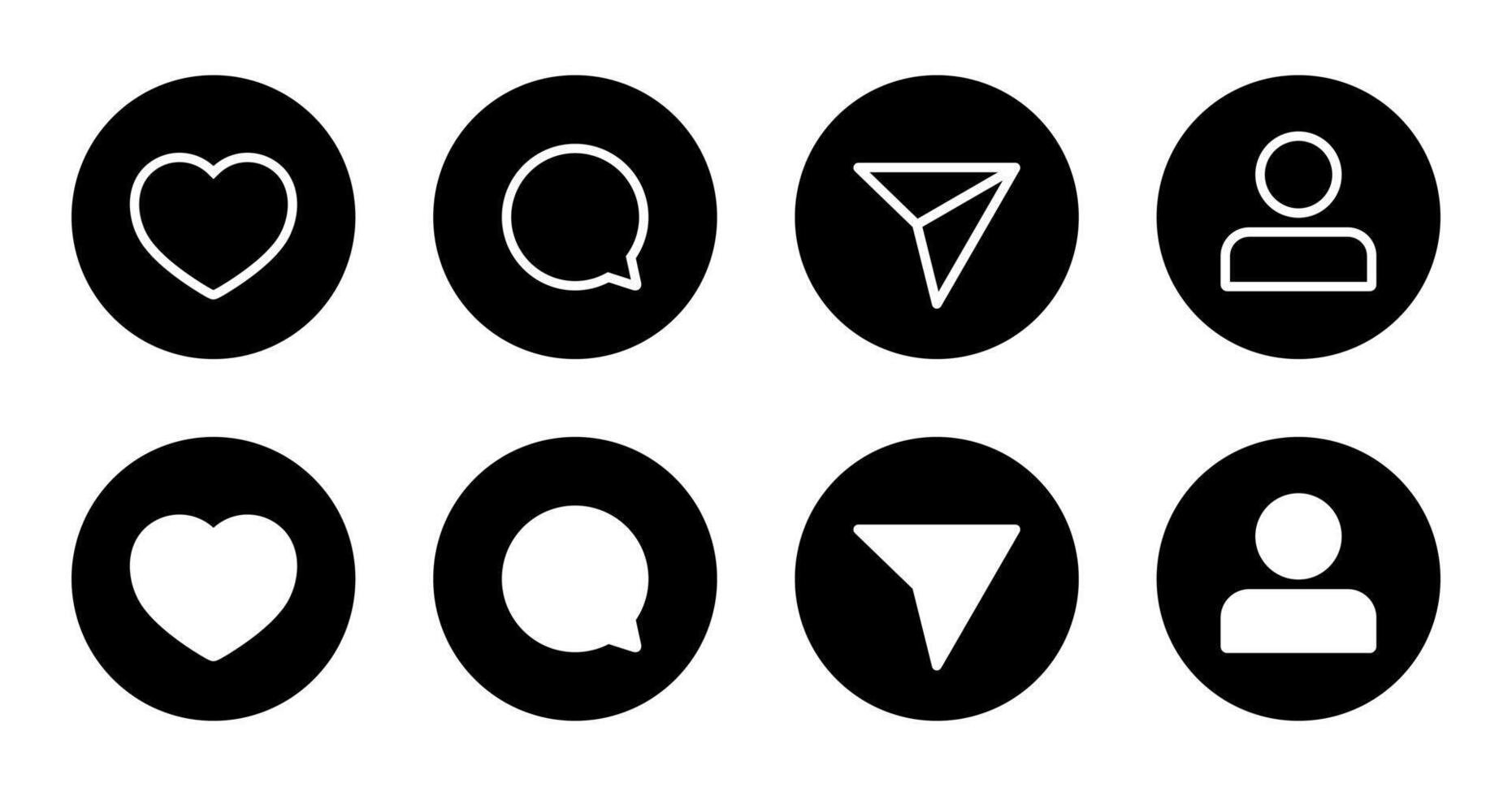 Like, comment, share, and avatar profile icon on black circle. Social media elements vector