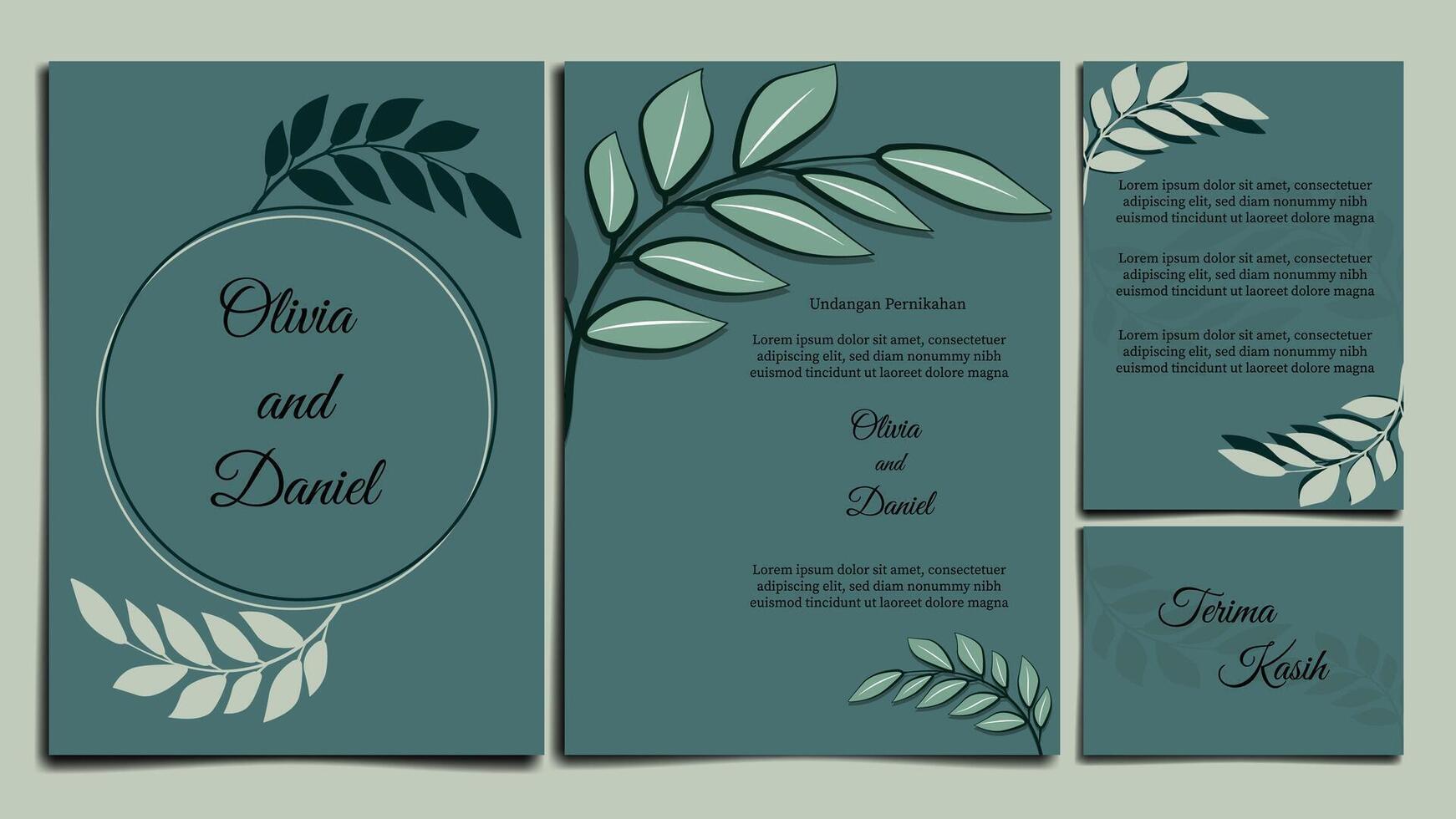 wedding invitation card with green leaf decoration and design vector
