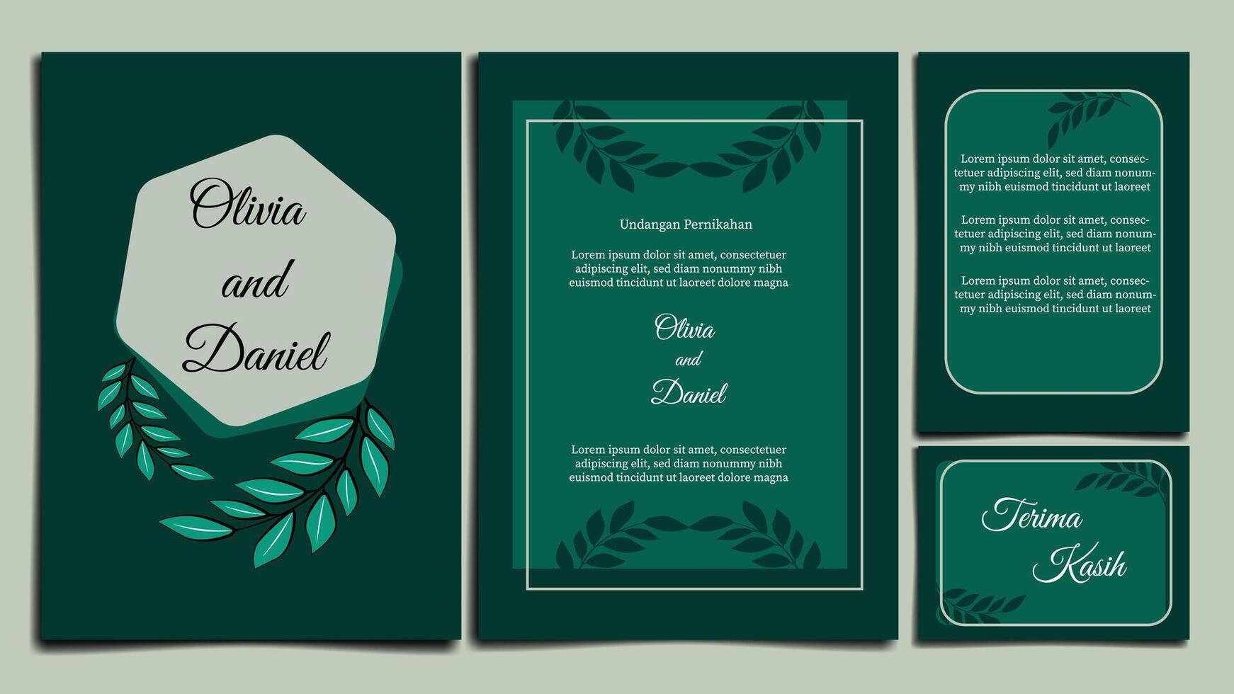 wedding invitation card template with green background and leaf decoration vector