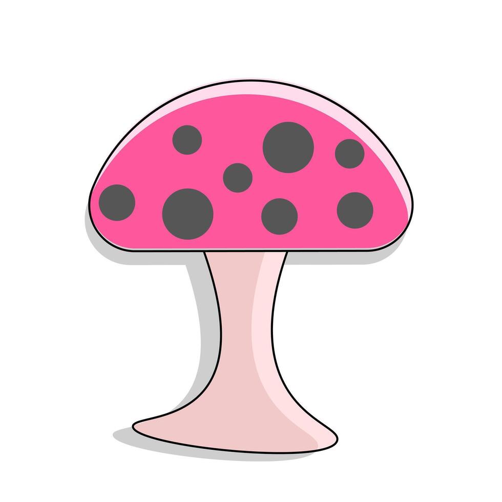 A simple and colorful cartoon illustration of a mushroom with a pink cap and black spots. The mushroom has a light pink stem and a shadow underneath vector