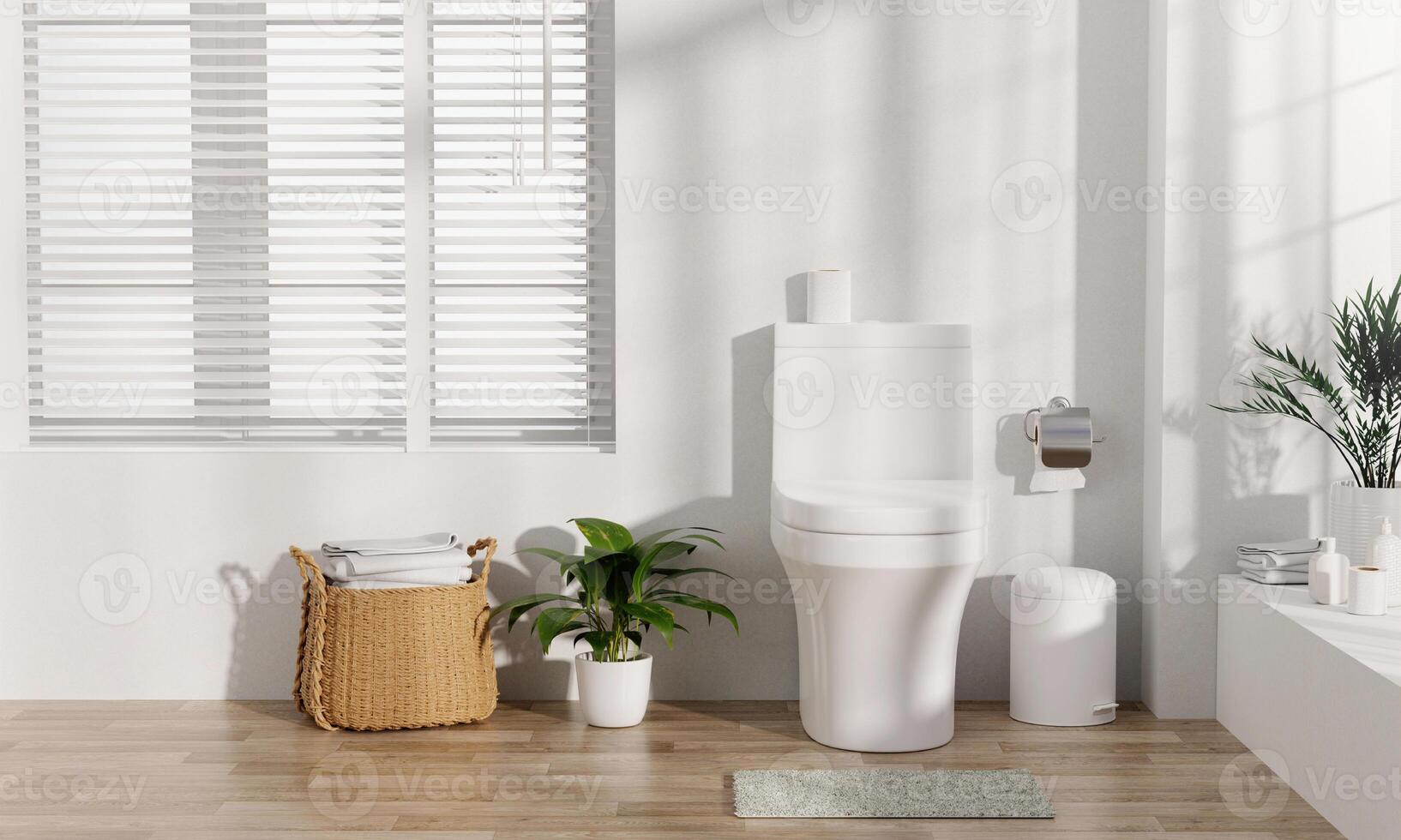 Contemporary bathroom design with sleek toilet and natural elements, 3D render illustration. photo