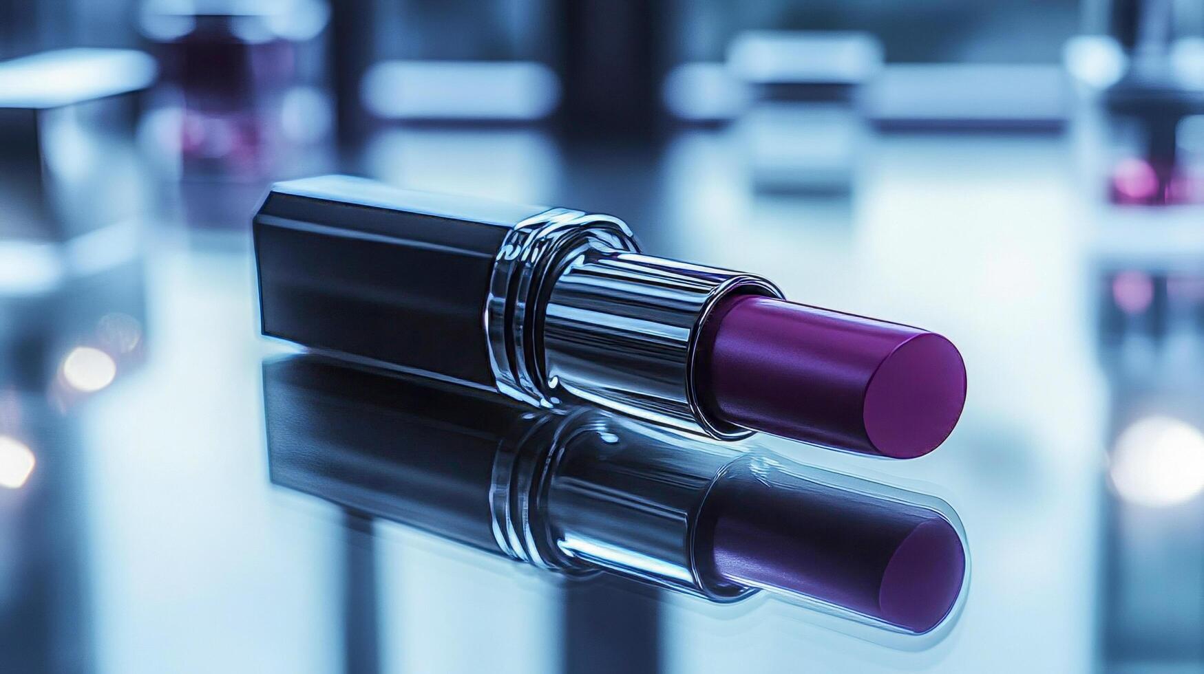 A magenta-colored lipstick with a black case rests on a glass table photo