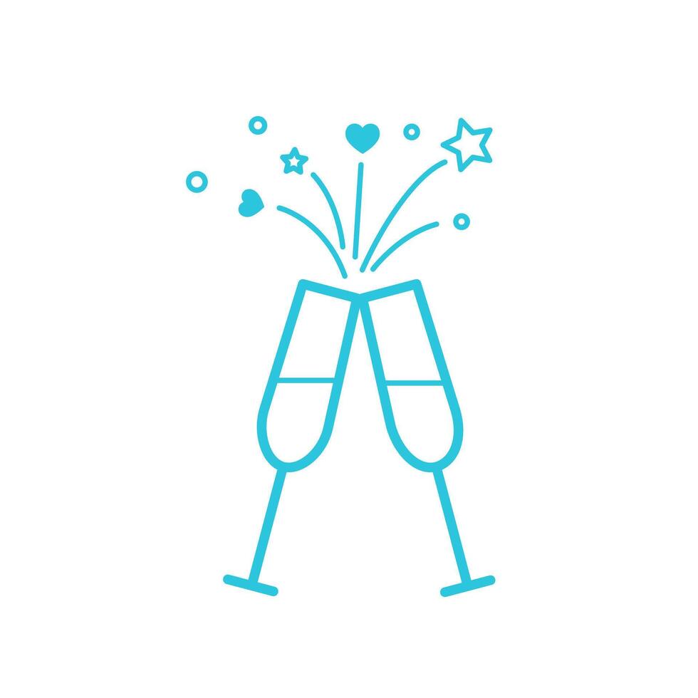 When Two Glasses Collide. Cheers to New Adventures. Isolated on white. Blue icon set. vector