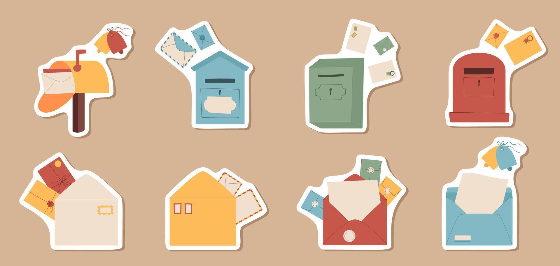 Flat handmade empty mailbox with envelopes newsletter sticker concept, cartoon craft mail flying from postboxes subscription invitation template, creative paper post card. trendy envelope design, vector