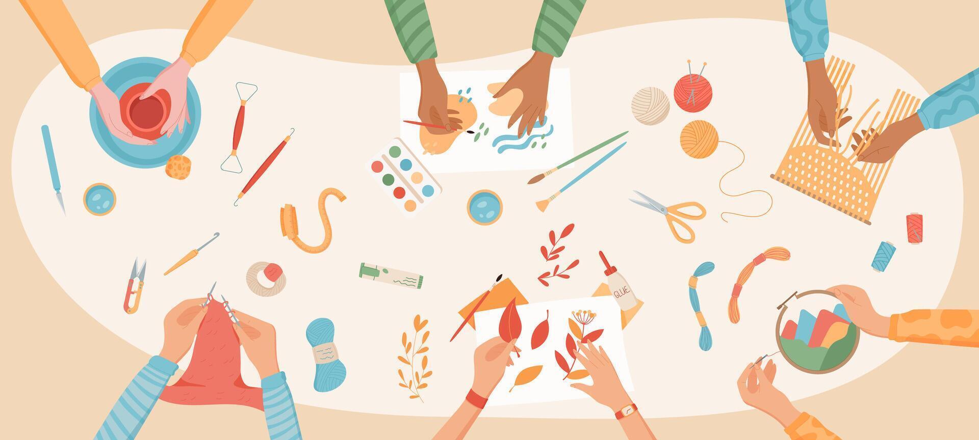 Flat children handmade hobby collection, colorful handcraft knitting and pottery art class background, cartoon hands make handicraft craftwork group illustration, creative DIY workshop banner. vector
