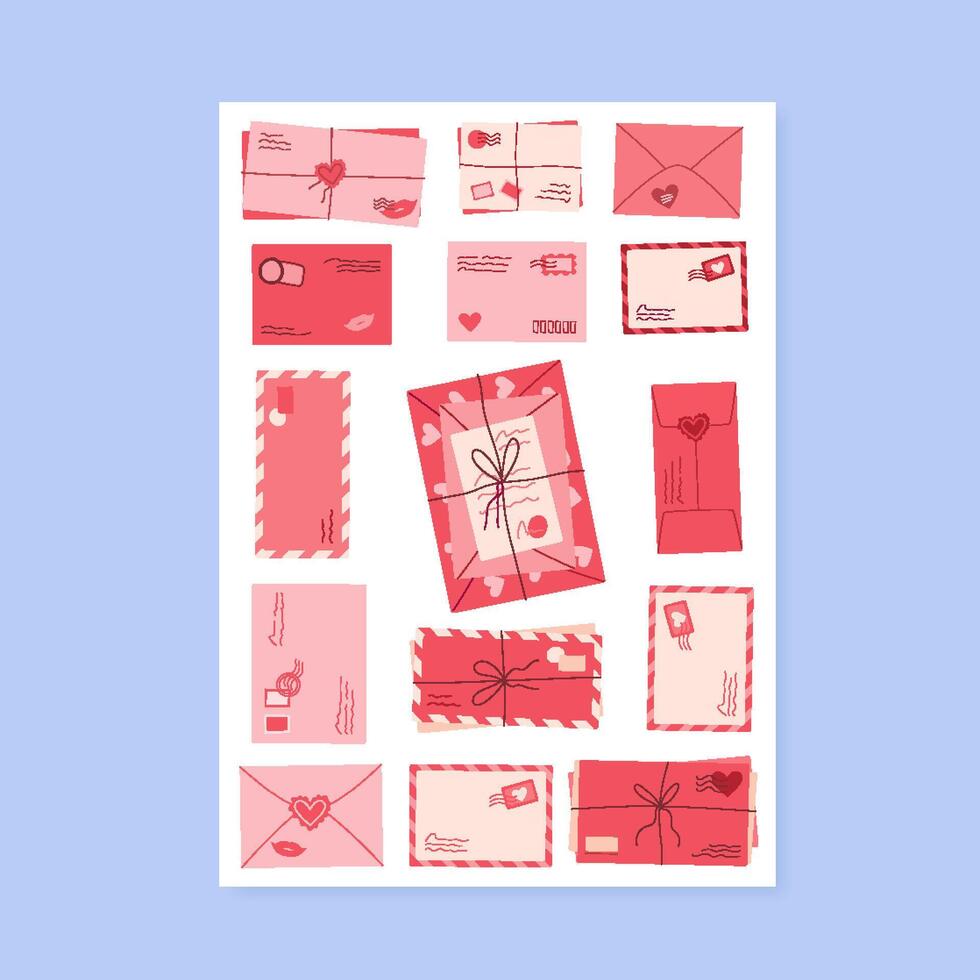 Valentine card with doodle heart, flat style. Romantic postcard with love notes inside envelopes. Creative greeting for social media sharing, perfect for February love messages. Unique note design vector