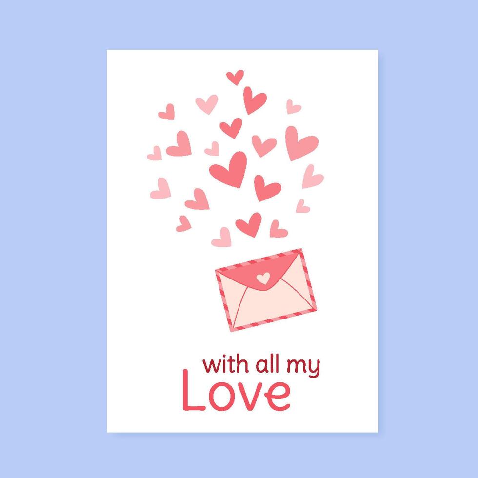 Romantic flat valentine heart postcard with love. Pink envelope holds heart greeting card, perfect for valentin celebrations. This graphic design suits social media posts, adding romantic style to vector