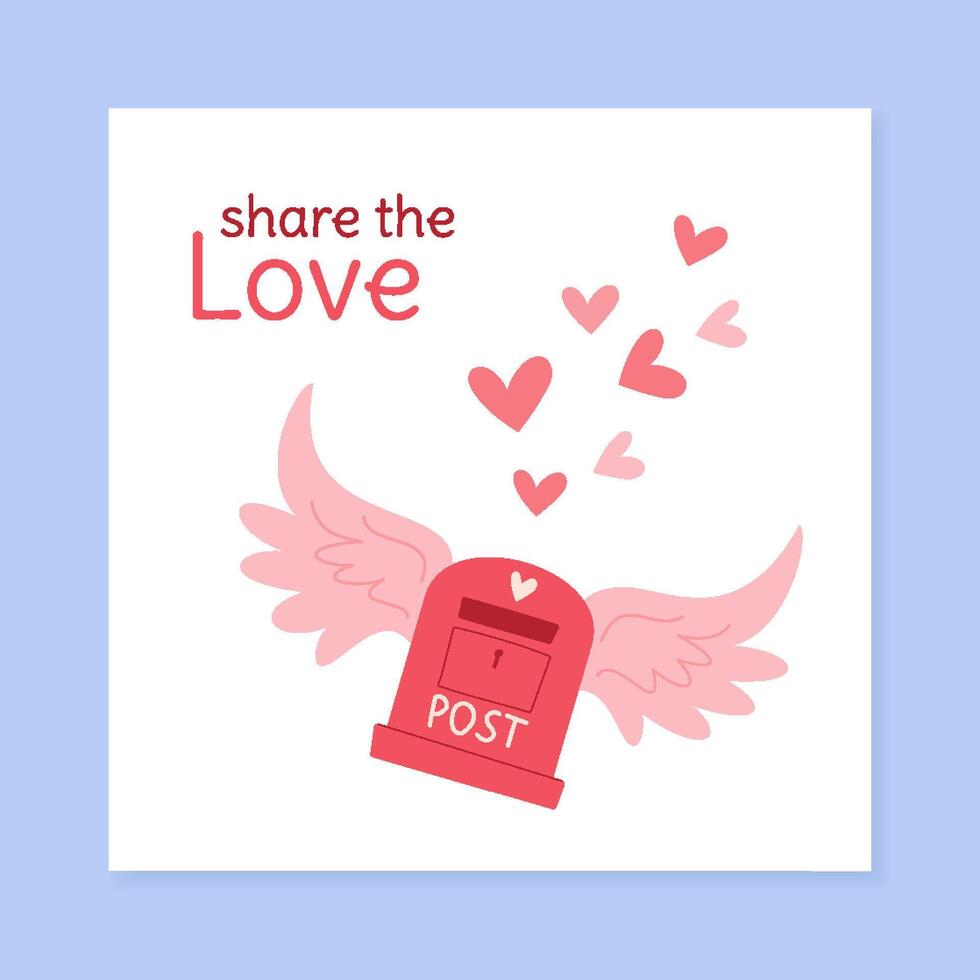 Valentine heart mailbox cartoon design features love and heart symbols in flat style. Social media postcard for holiday message and valentine concepts. Perfect for card sharing celebration greetings. vector