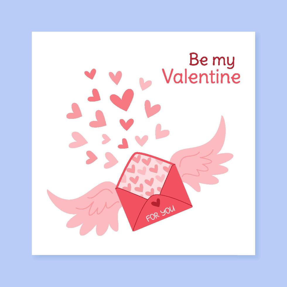 Cute valentine heart cartoon postcard. Postcard with love envelope and message. Heartfelt valentine greeting in creative style for social media or graphic design projects. Ideal for celebrating vector