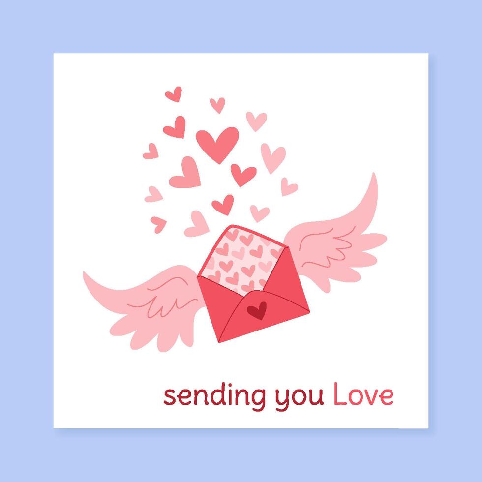 Romantic flat valentine postcard with love heart. Doodle envelope sends a greeting message of heartwarming affection. Perfect for social media posts and valentin celebrations. vector