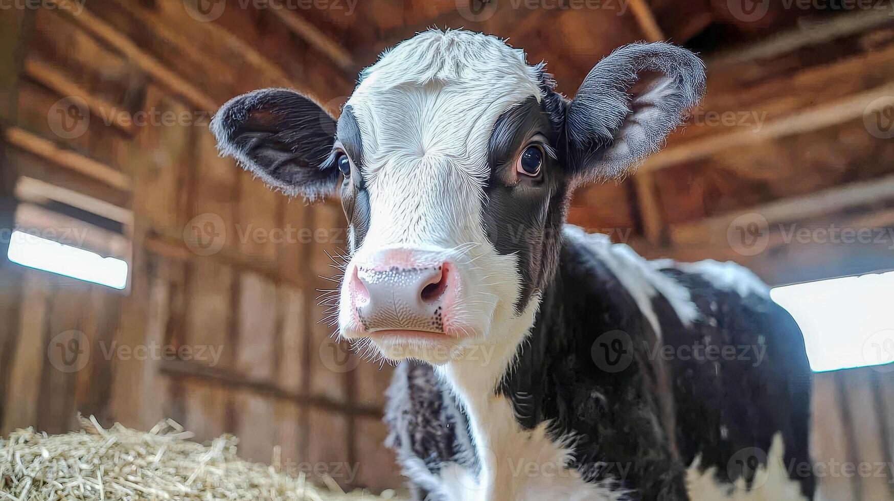 An unbullied black and white dairy cow stands in a barn on a rural farm. photo