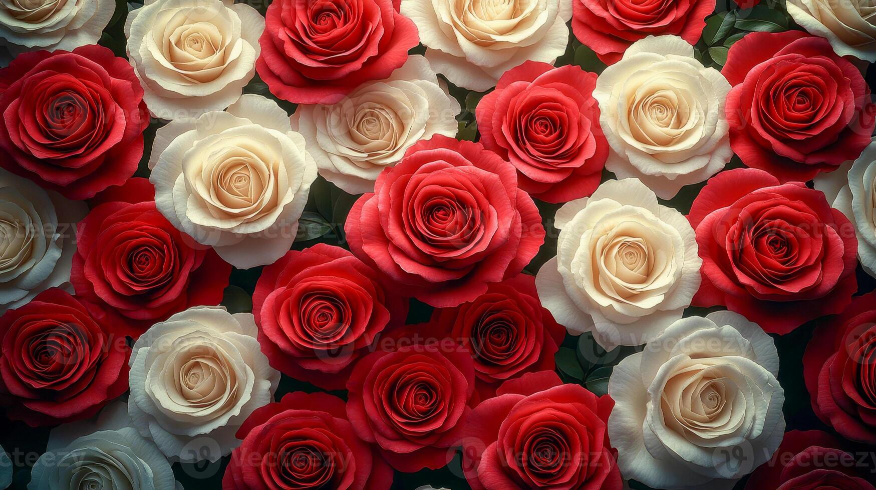 A bright background with densely packed red and white roses, patterned photo
