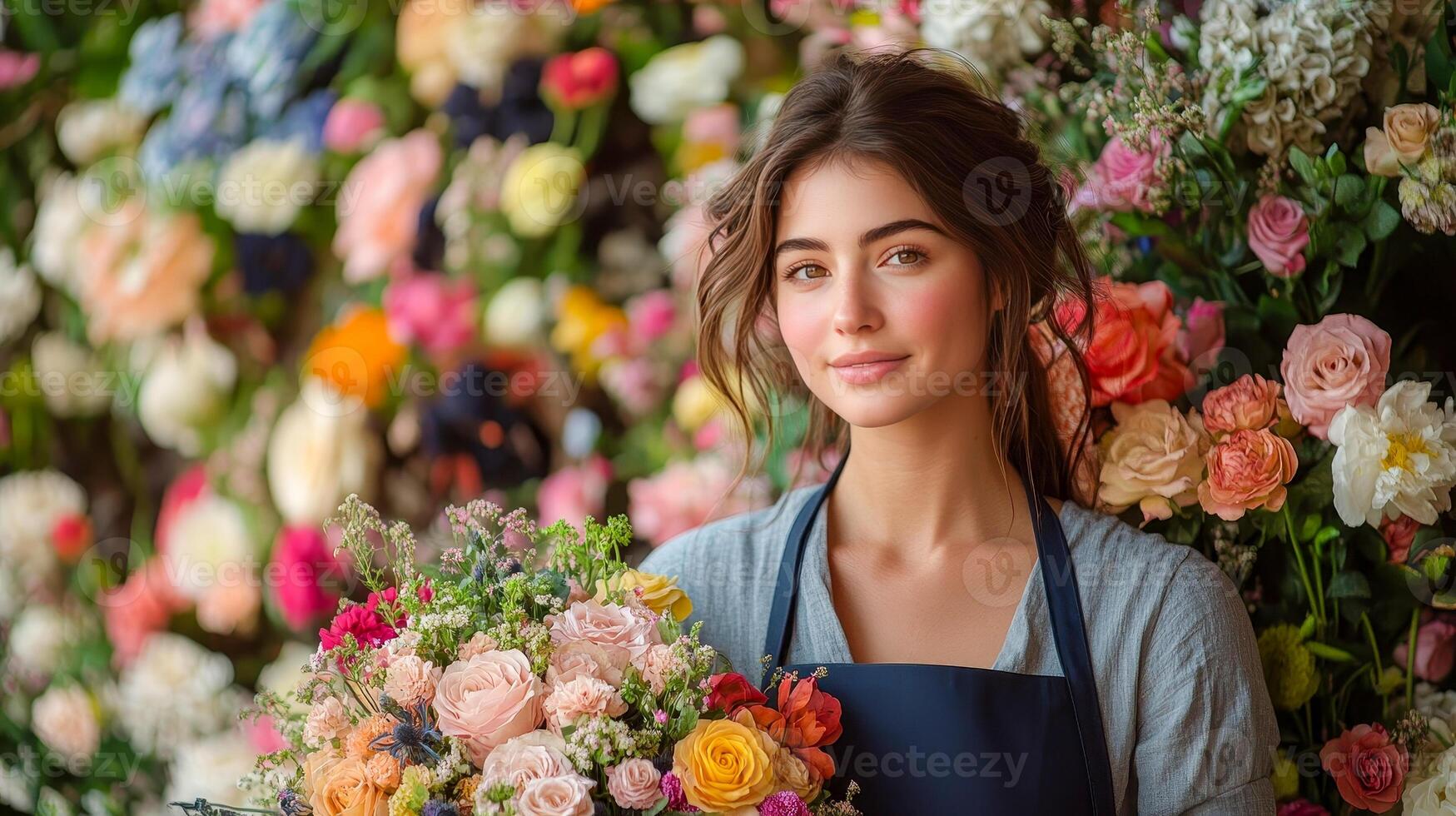A florist woman with a soft smile stands with a bouquet of flowers photo