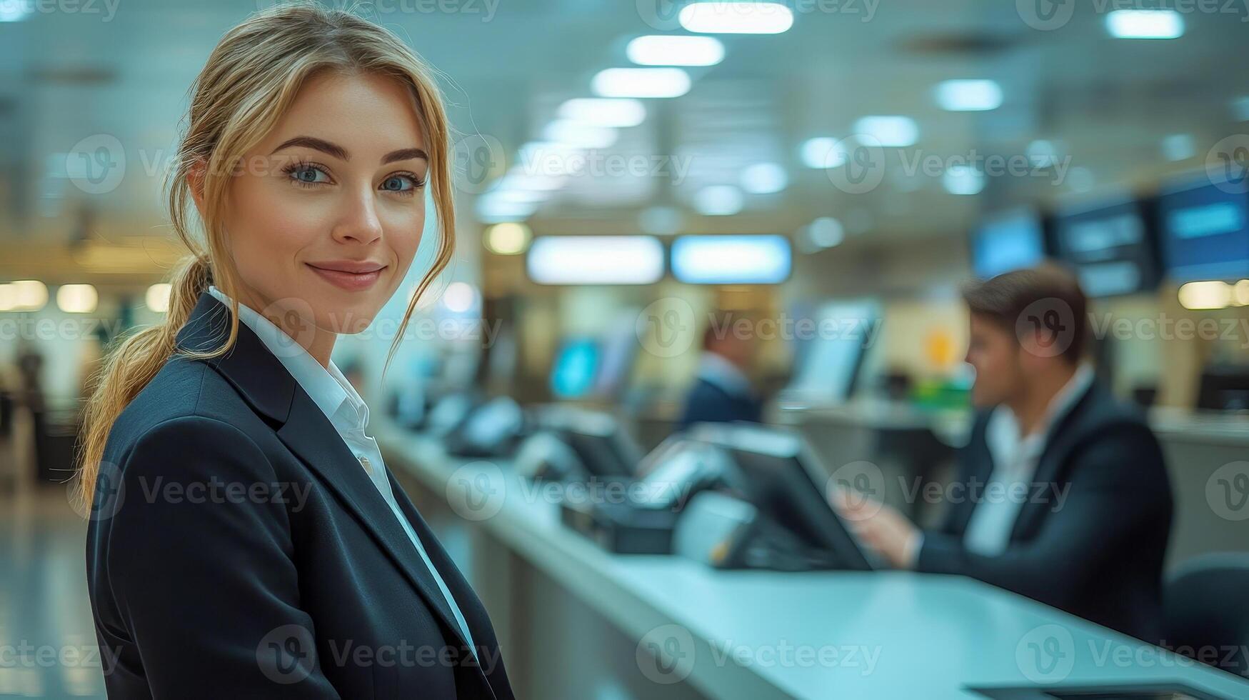 A female banker in a strict black suit stands in front of a row of customer service desks photo