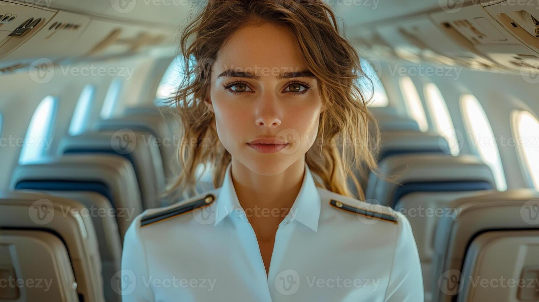 A professional stewardess in a modern uniform stands in the center aisle of the plane photo