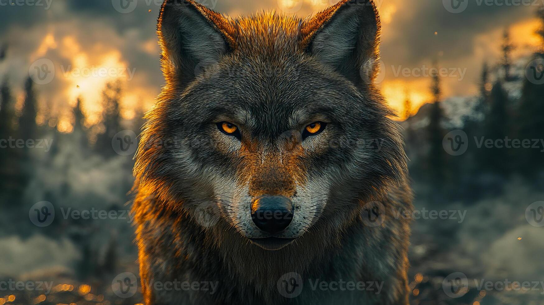 Close-up of the gray wolf's face, angry look photo