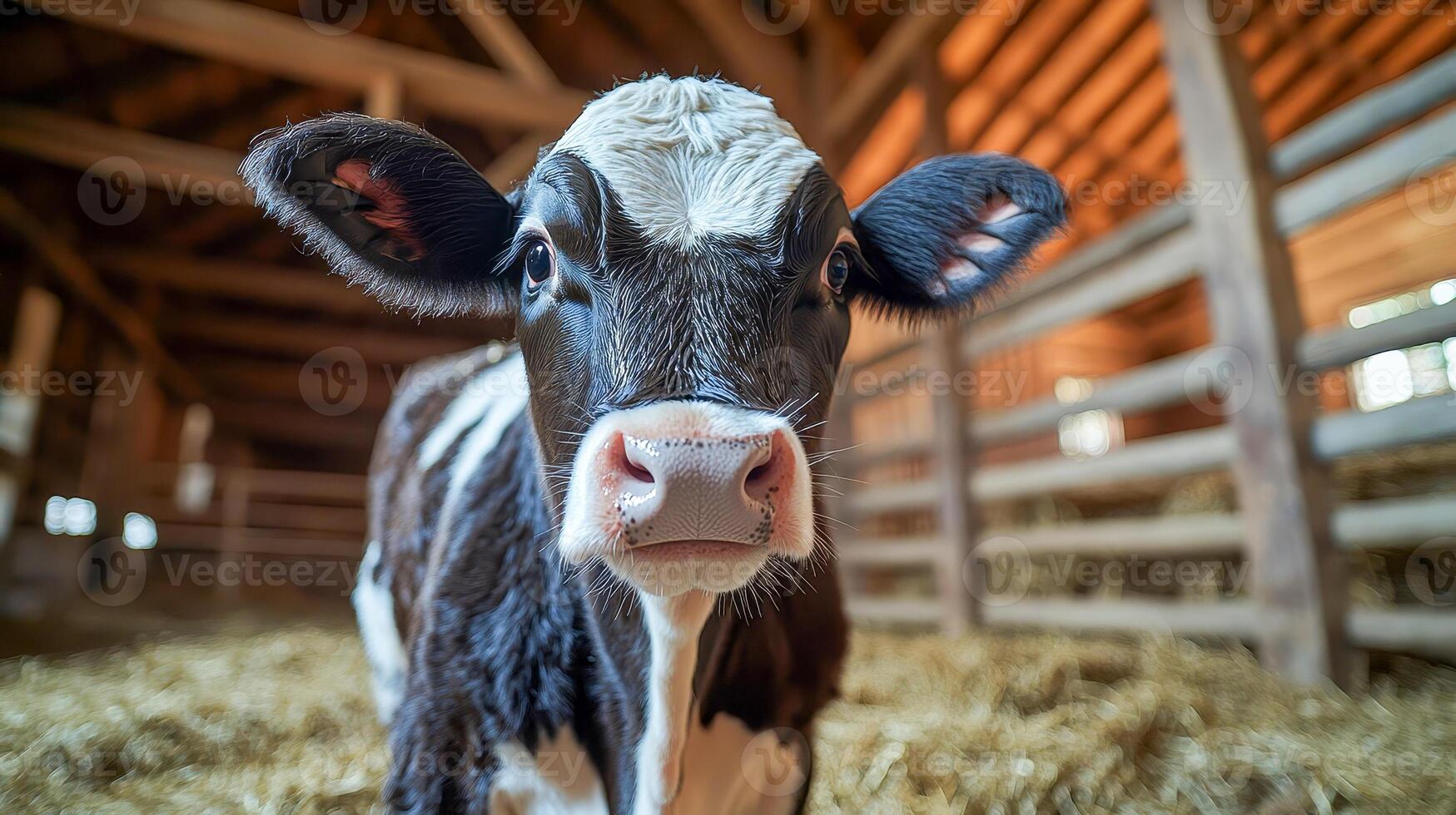 Close-up of a black-and-white dairy cow standing in a barn in summer photo