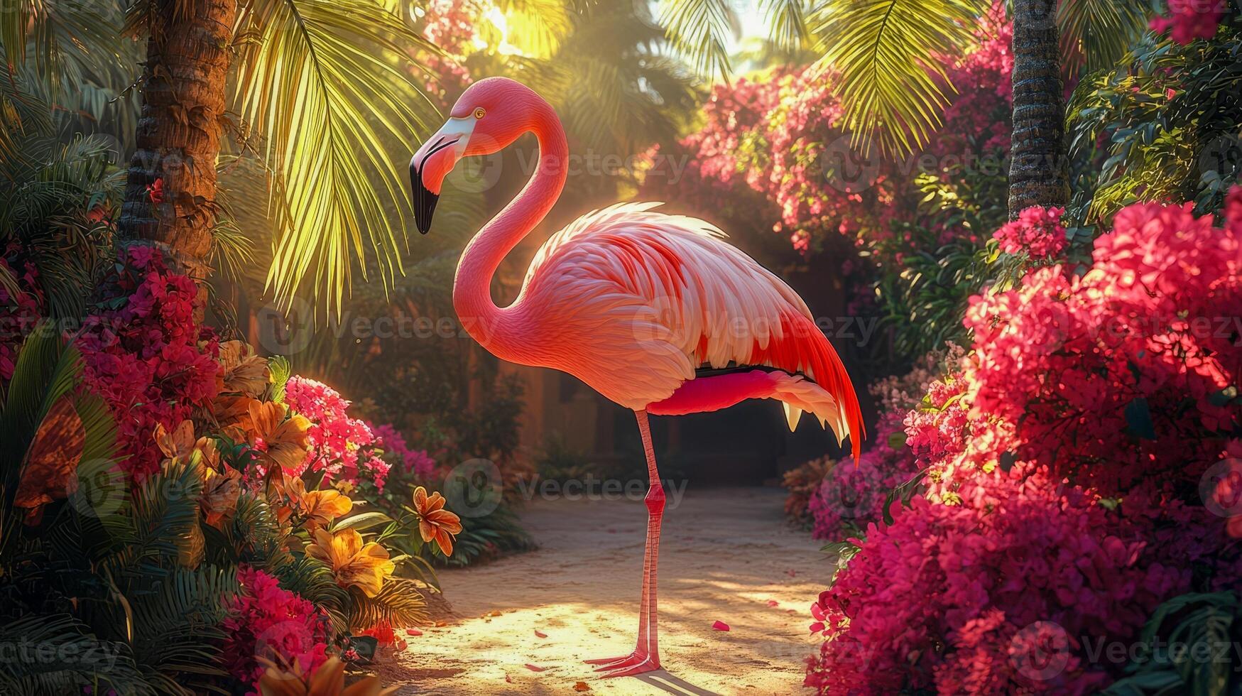 A pink flamingo stands in the middle of a sunlit tropical garden photo