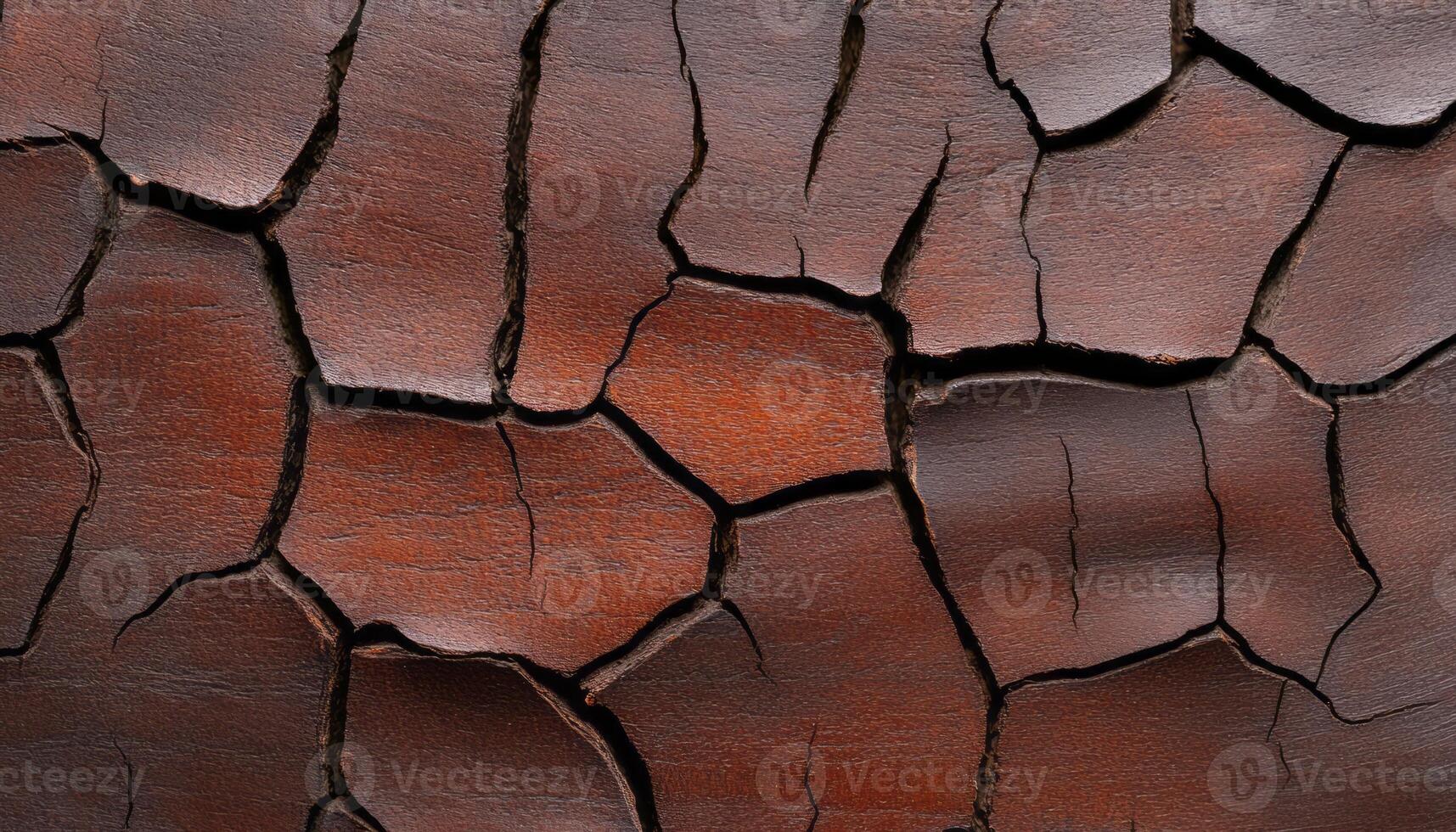 Close-up view of cracked brown wood revealing intricate textures and patterns photo