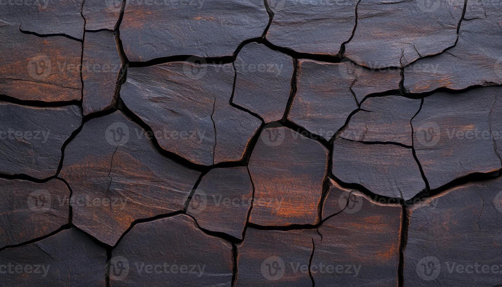 Cracked black wood shows intricate textures and patterns formed over time in sunlight photo