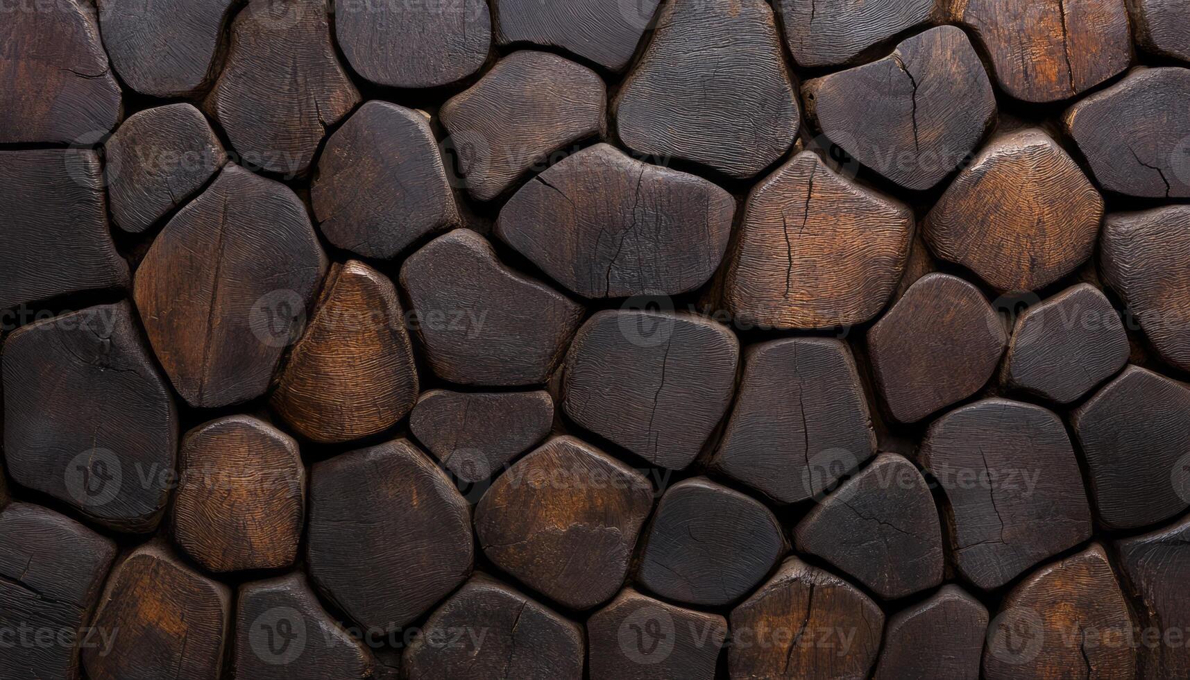 Textured wooden stones create an intricate pattern on a surface, showcasing their dark tones photo