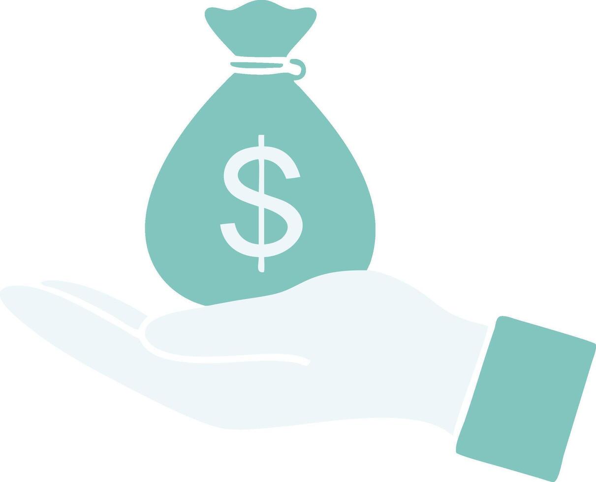 Minimalist illustration, money bag icon, dollar sign, teal color, open hand, financial concept, wealth symbol vector