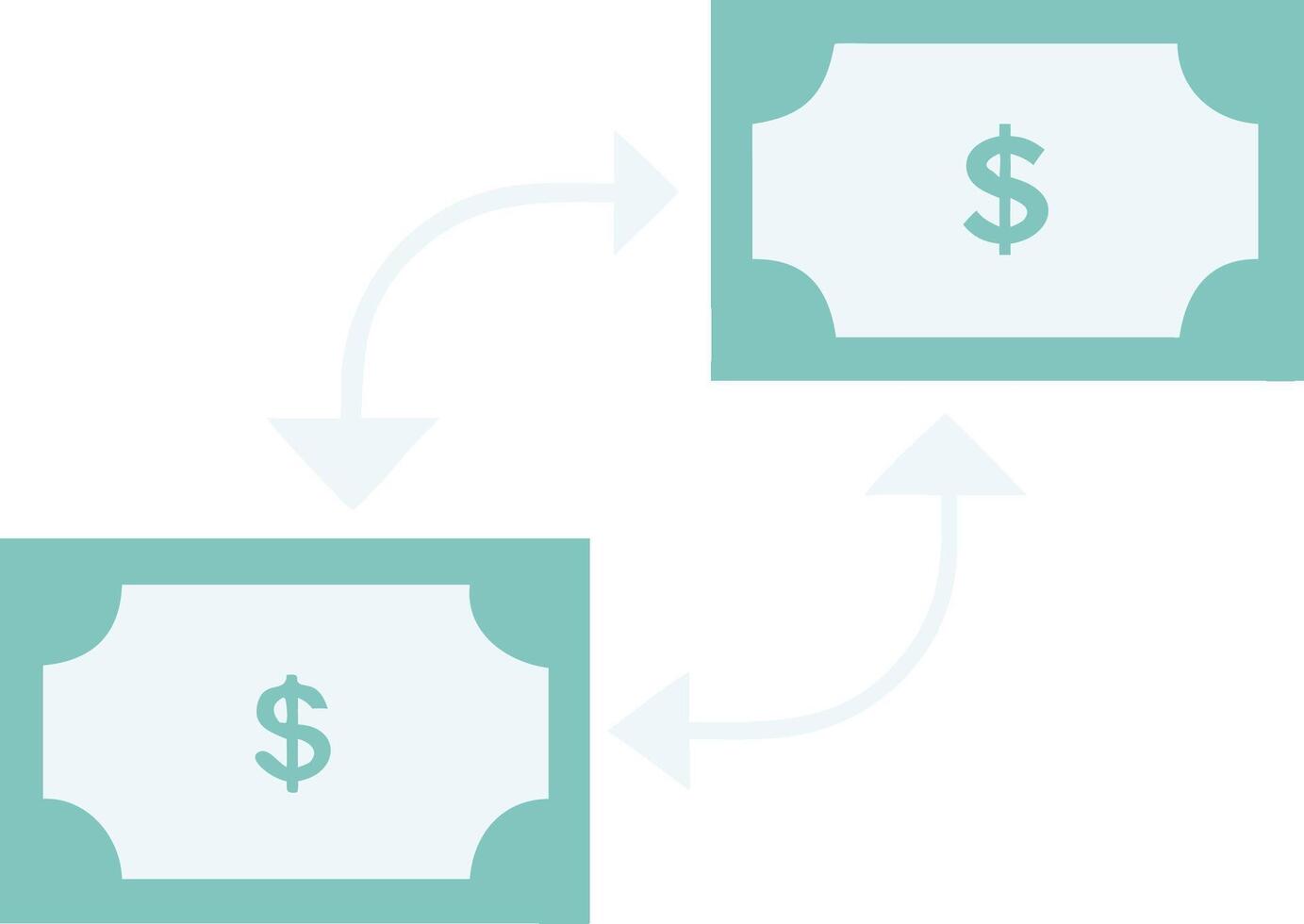 Minimalist financial illustration, currency exchange concept, teal and white color scheme, dollar signs vector