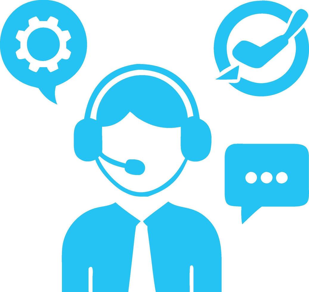 Customer service icon, headset operator, blue and white illustration, chat bubble, settings gear, checkmark symbol vector