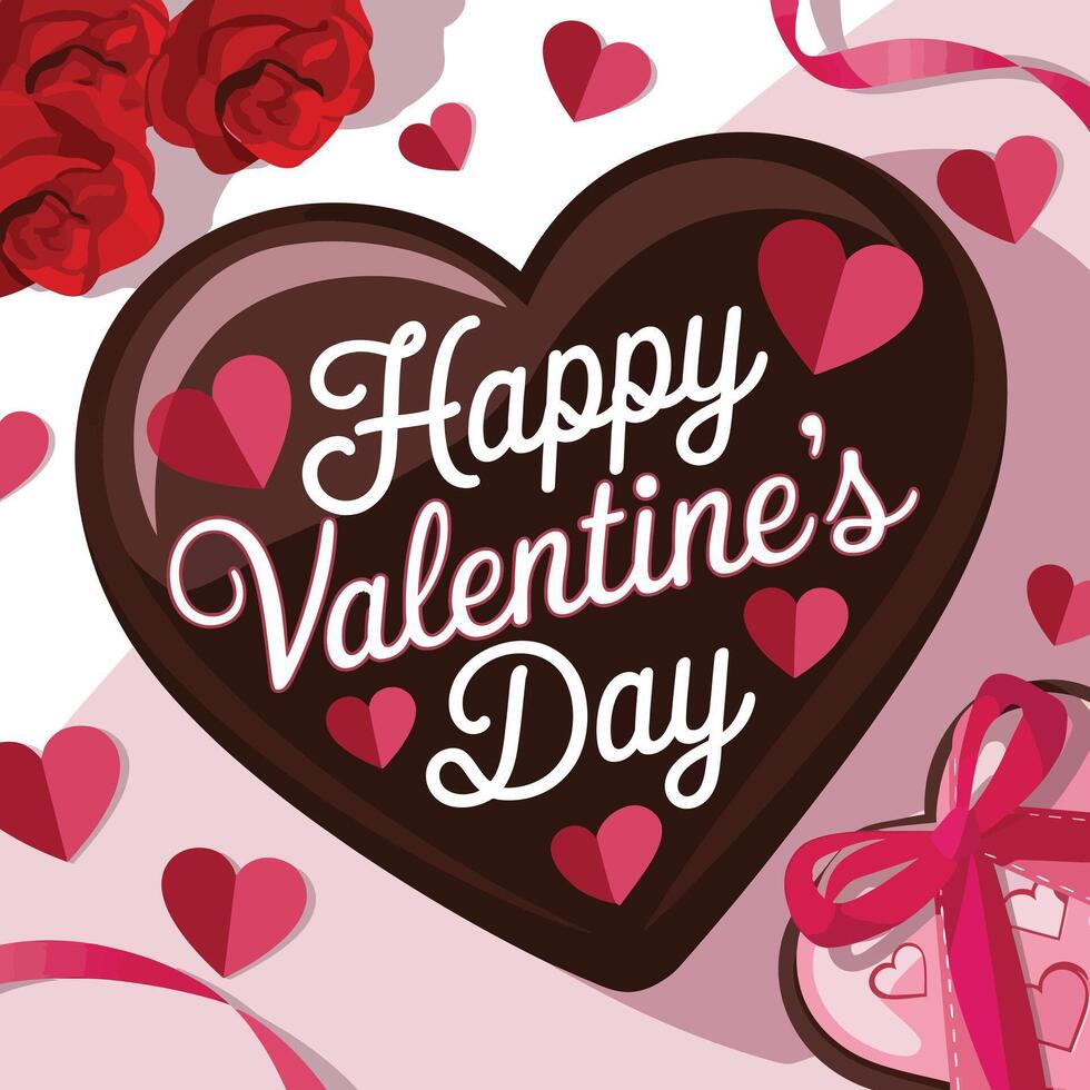 valentine's day card with chocolate heart and roses illustration vector