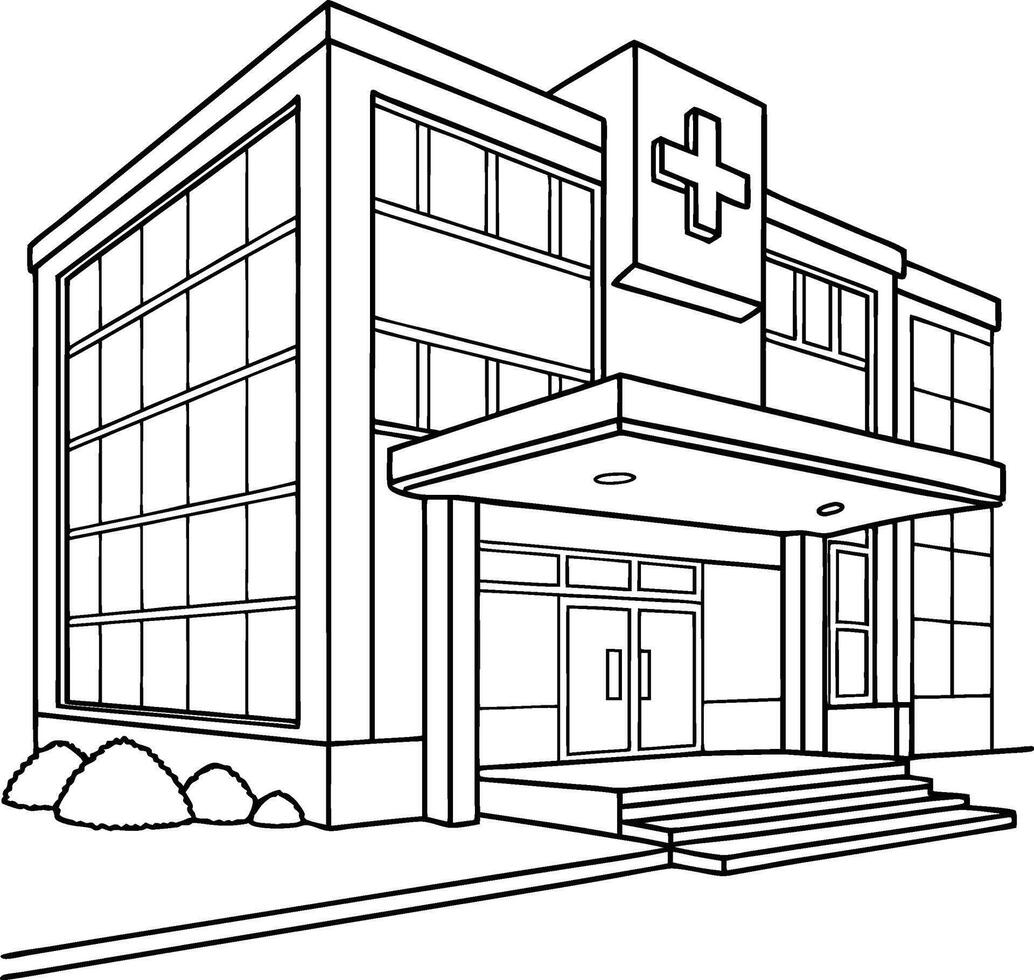 Hospital Front View Line Art Design vector