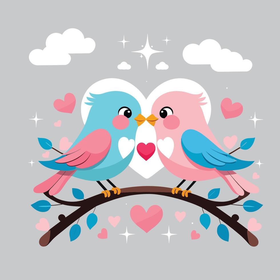 Two birds are sitting on a branch with hearts vector