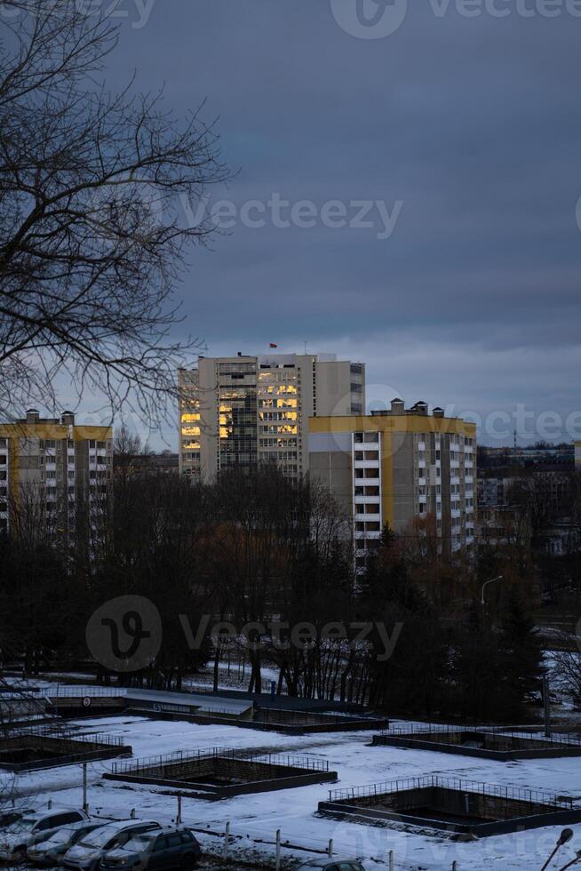 View of the panel house from the high in the evening. Minsk from a height photo
