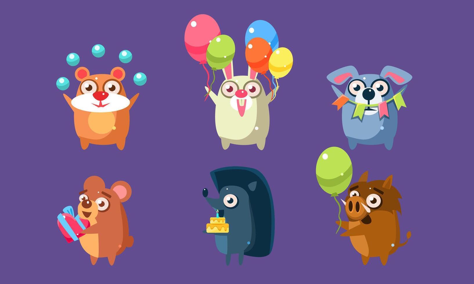 Funny Animal Characters Having Fun at Birthday Party Set, Cute Stickers with Baby Animals, Hamster, Rabbit, Dog, Bear, Hedgehog, Wild Boar Illustration vector