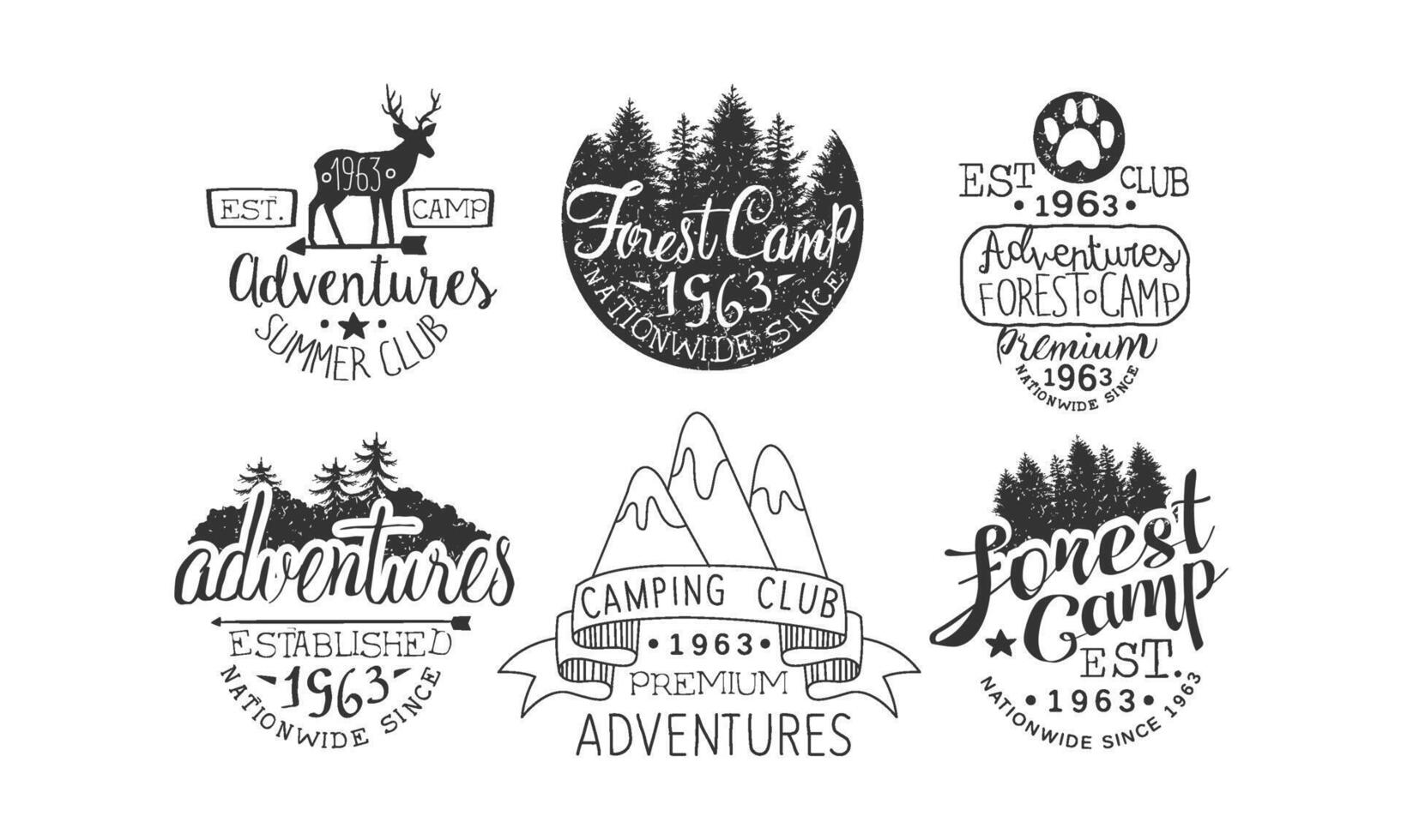 Forest Camp Premium Retro Labels Set, Camping Club, Summer Adventures Emblems Illustration vector