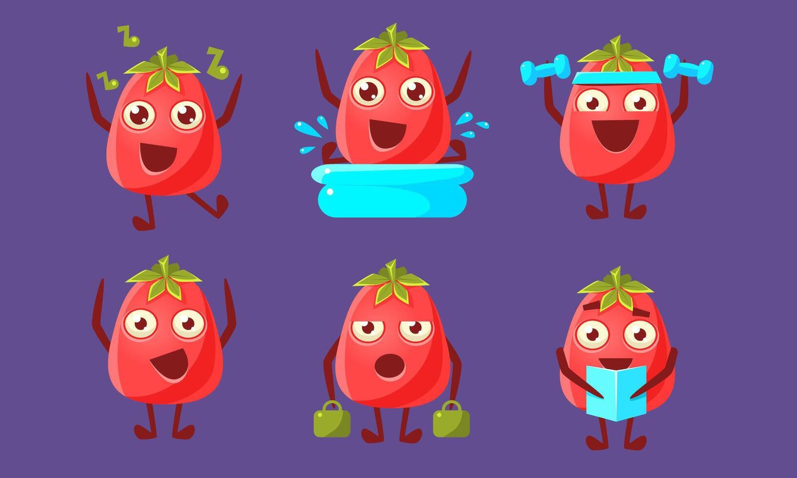 Funny Ripe Tomato Characters Set, Cute Vegetable in Different Poses and Various Emotions Illustration vector
