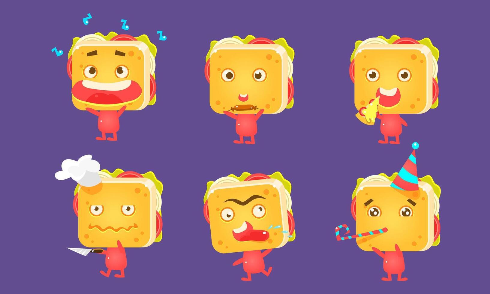 Funny Sandwich Characters Set, Food with Different Emotions Illustration vector