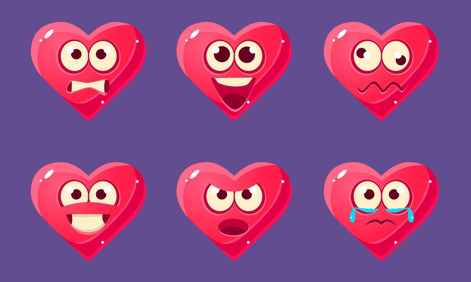 Glossy Heart Characters Set, Funny Pink Hearts with Different Emotions Illustration vector