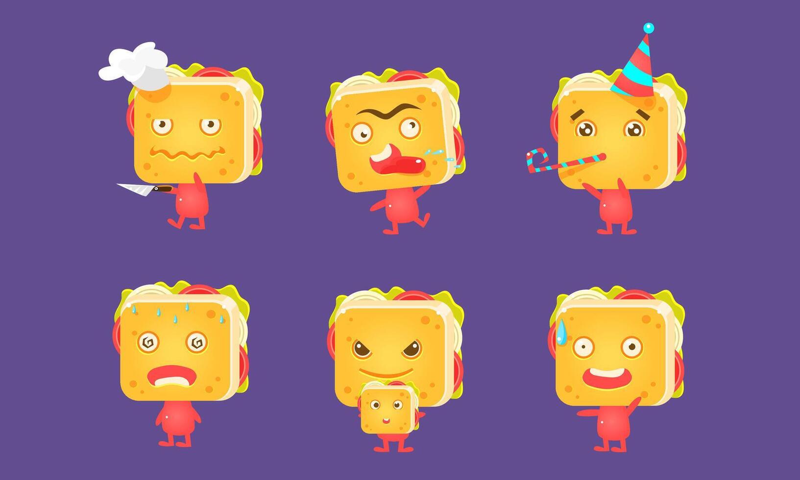 Sandwiches Set, Food Characters with Funny Faces and Different Emotions Illustration vector