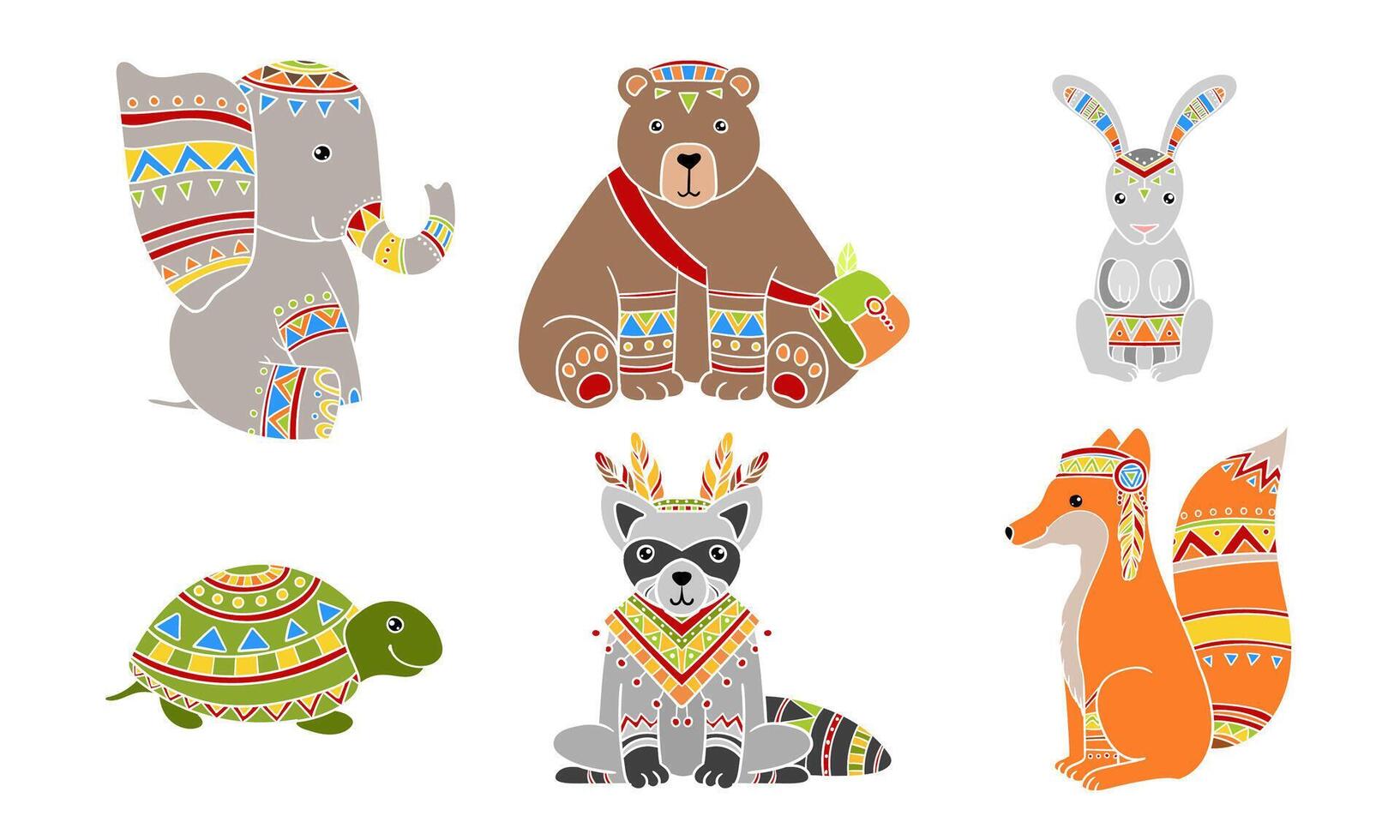 Ethnic Patterned Animals Set, Elephant, Bear, Rabbit, Turtle, Fox, Raccoon Illustration vector
