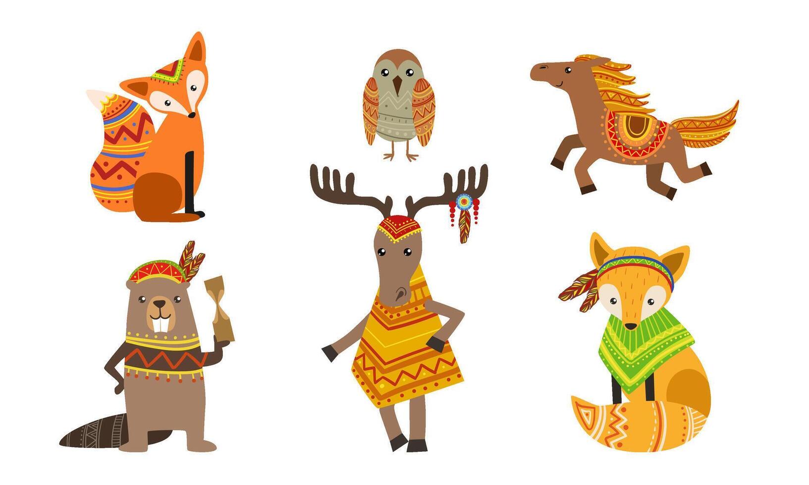 Ethnic Patterned Animals Set, Fox, Owl, Horse, Beaver, Deer Illustration vector