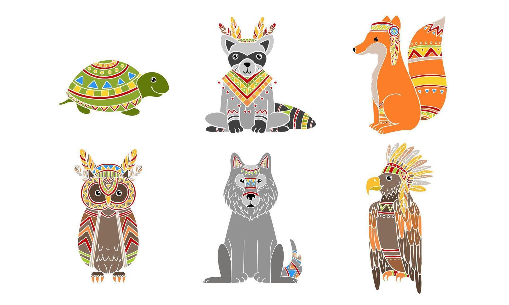 Ethnic Patterned Animals Set, Fox, Owl, Wolf, Turtle, Fox, Raccoon Illustration vector