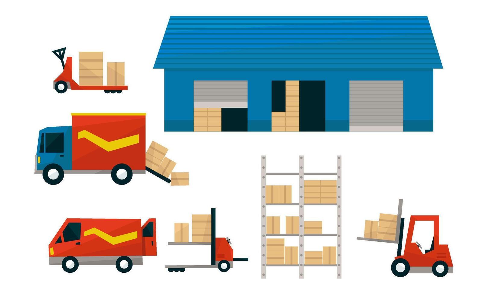 Transportation Service and Storage Set, Logistics Center, Cargo Trucks, Warehouse Building, Loading, Unloading, Goods Delivery Illustration vector