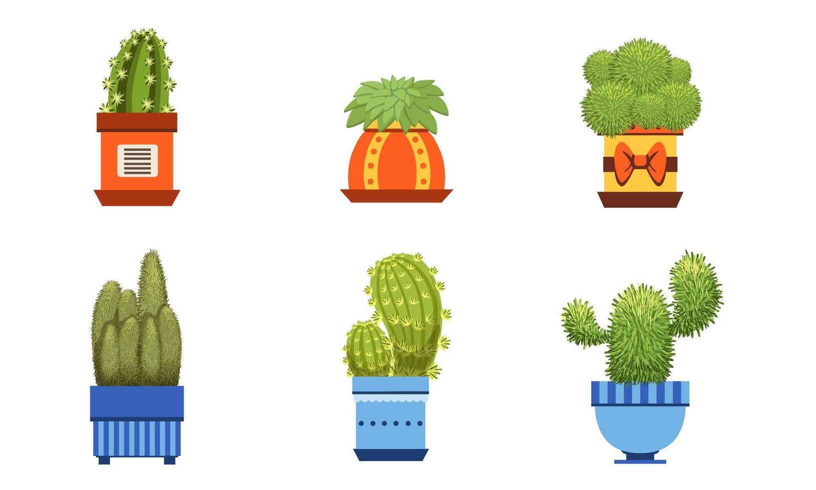 Cactus Plants in Pots Set, Potted Cactuses and Succulents Houseplants Illustration vector