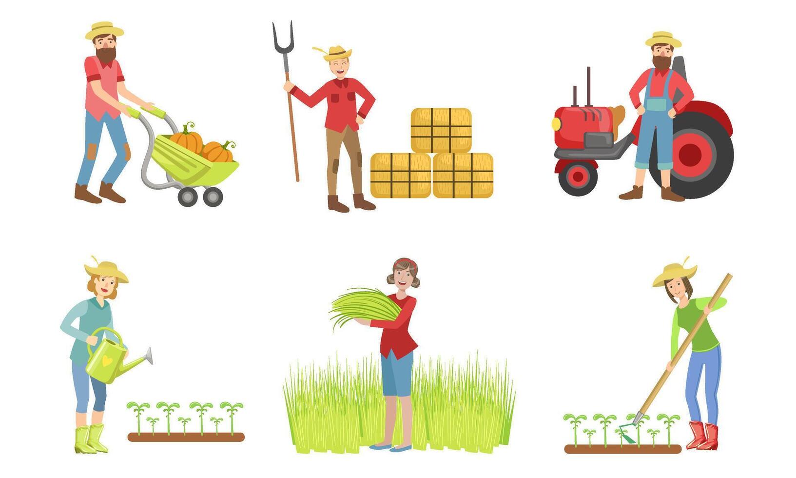 People Working on Farm and Garden Set, Male and Female Farmers Characters Harvesting, Watering Plants, Working on Tractor Illustration vector
