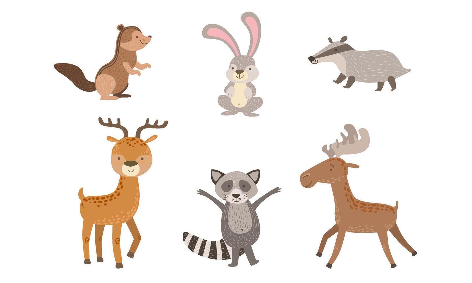Cute Wild Forest Animals Set, Gopher, Hare, Raccoon, Deer, Elk Badger Illustration vector