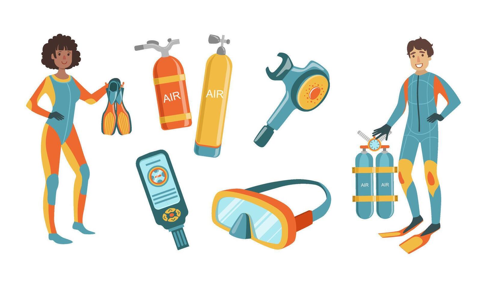 Snorkeling and Scuba Diving Elements Set, Scuba Diver Man and Woman Characters Dressed in Wetsuits with Equipment, Diving Mask, Oxygen Cylinders, Depth Gauge, Fins Illustration vector