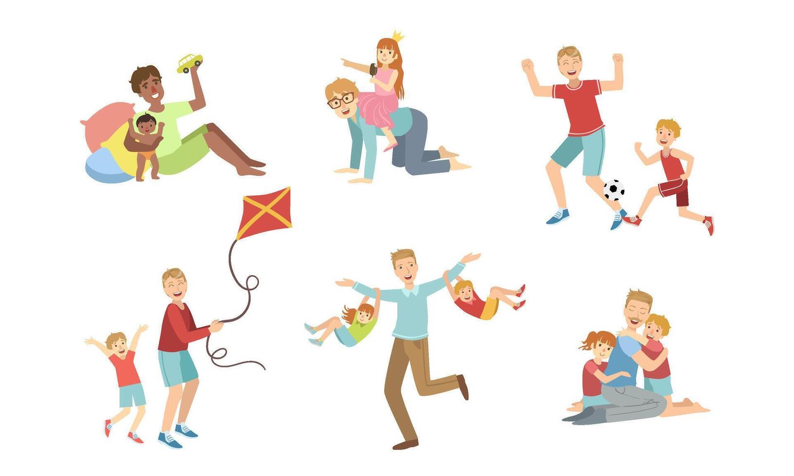 Fathers and Their Kids Having Good Time Together Set, Happy Dads Playing, Doing Sports, Having Fun with Their Children Illustration vector