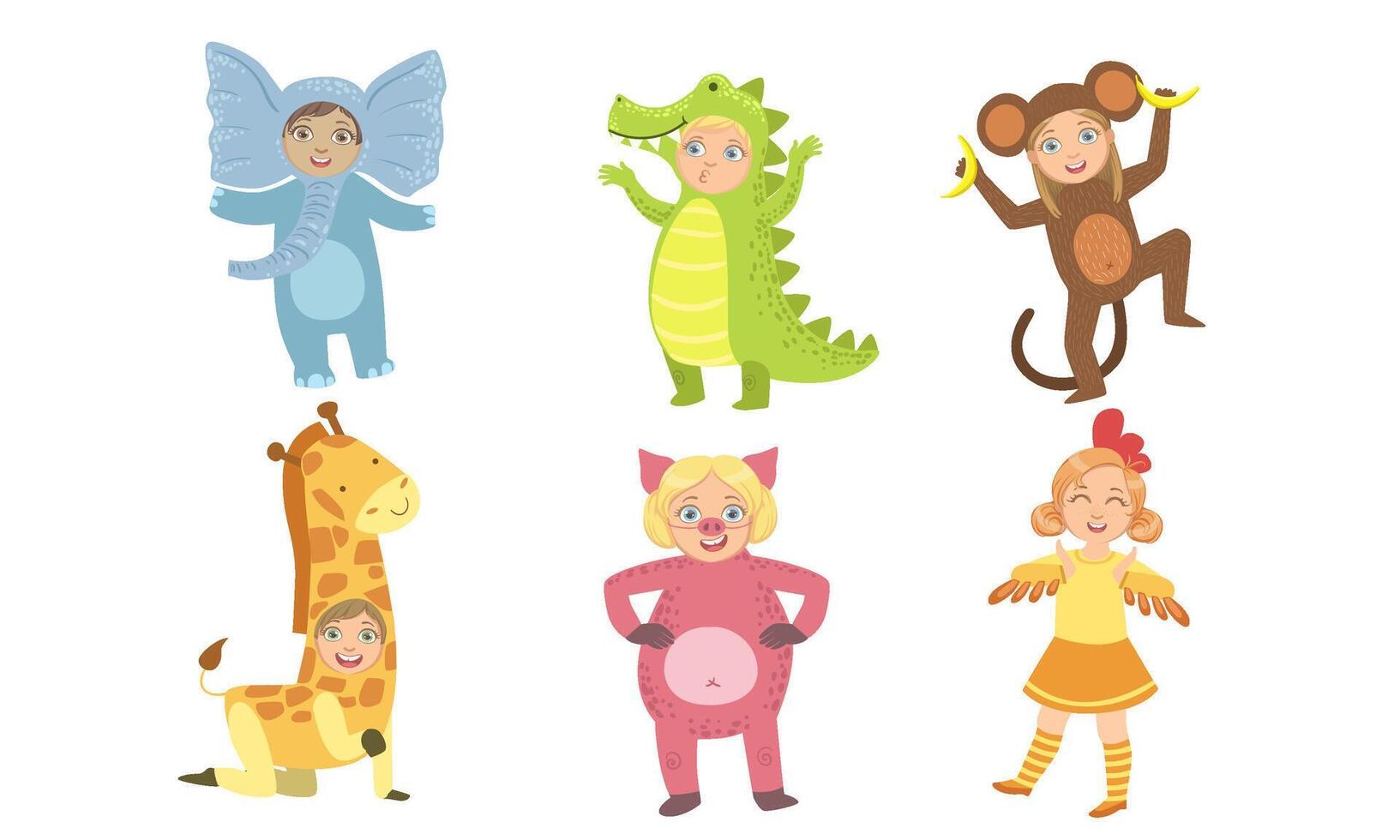 Cute Happy Kids Dressed Animal Costumes Set, Elephant, Crocodile, Monkey, Giraffe, Pig, Chicken Illustration vector