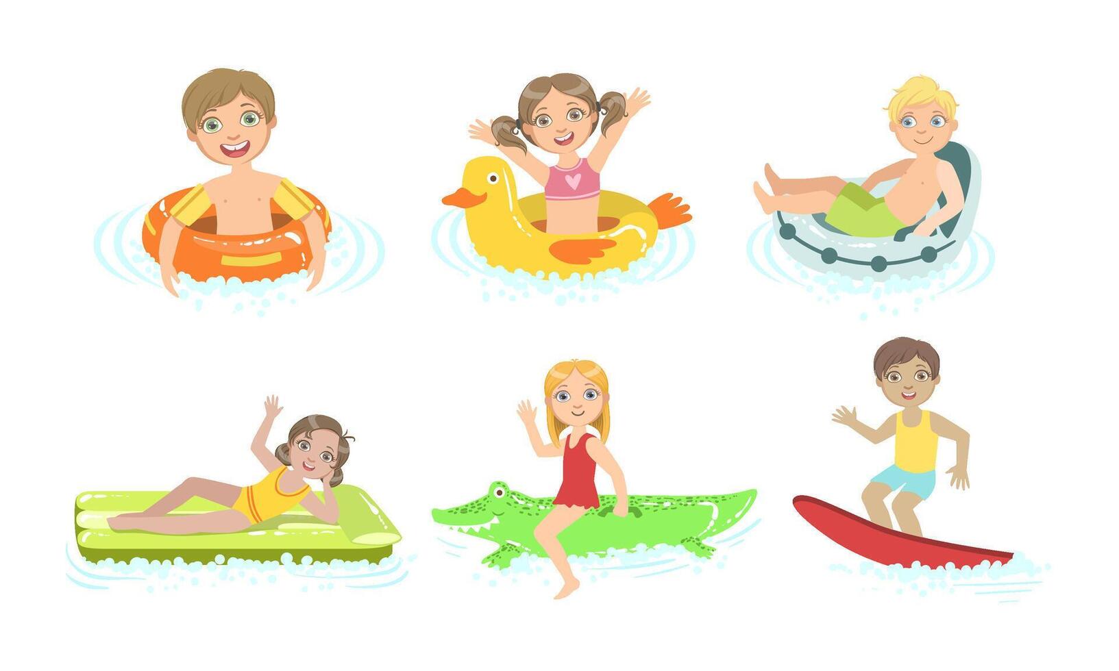 Kids Floating on Inflatable Toys in Pool, Children Having Fun in Water Illustration vector